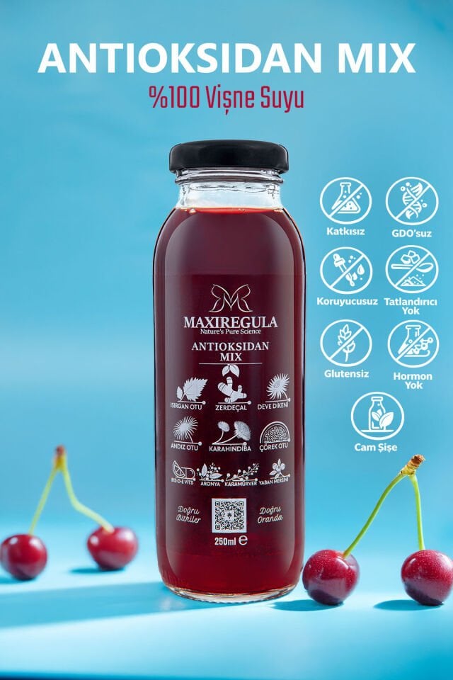 Antioksidan Mix Bitkisel İçerikli Fonksiyonel %100 Vişne Meyve Suyu (250ml)