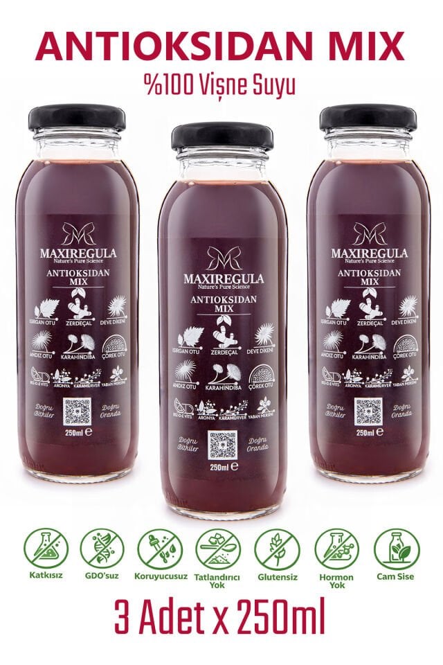 3'lü Paket Antioksidan Mix Bitkisel İçerikli Fonksiyonel %100 Vişne Meyve Suyu (250ml)