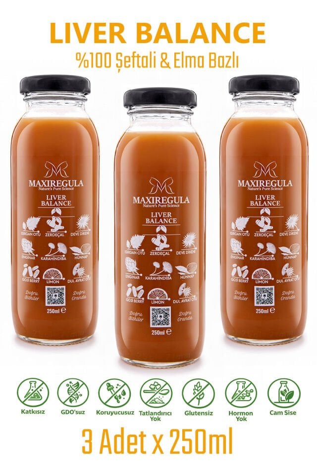 3'lü Paket Liver Balance Bitkisel İçerikli Fonksiyonel %100 Şeftali & Elma Meyve Suyu (250ml)